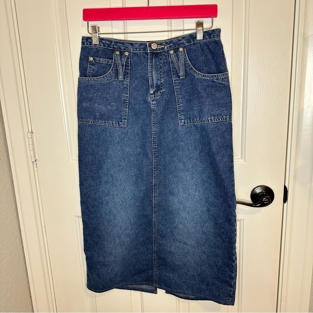Y2K No Boundaries Dark Wash Denim Midi Skirt Sz 7 Cottage Prairie Indie Grunge